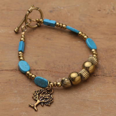 Brass and Turquoise-Toned Resin Beaded Tree Charm Bracelet