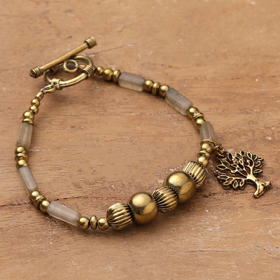 Tree-Themed Polished Brass and Quartz Beaded Charm Bracelet