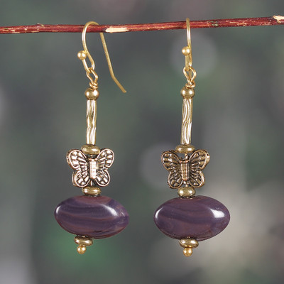 Butterfly-Themed Polished Brass and Agate Dangle Earrings