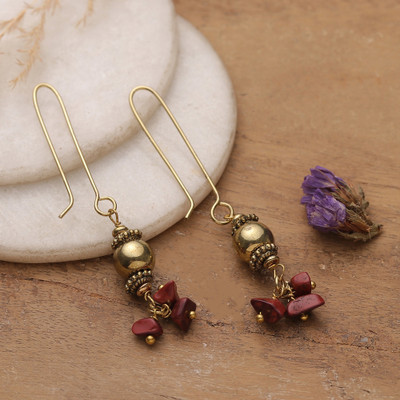 Folk Art-Themed Polished Brass and Agate Dangle Earrings