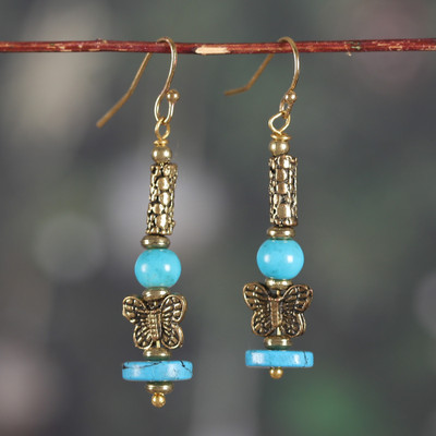 Antique-Finished Butterfly-Themed Resin and Brass Earrings