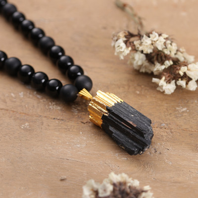 Onyx Agate Beaded Necklace with Gold-Toned Coated Tourmaline