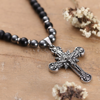 Onyx Agate Hematite Beaded Necklace with Steel Cross Pendant