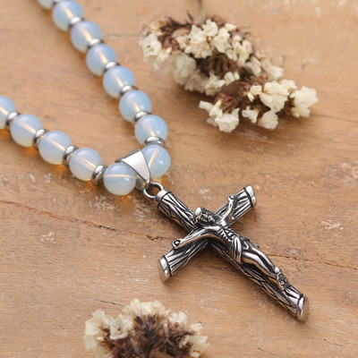 Rainbow Moonstone Steel Beaded Cross Pendant Necklace
