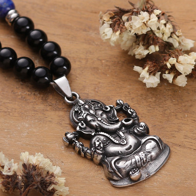 Ganesha-Themed Onyx and Lapis Lazuli Beaded Pendant Necklace
