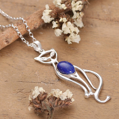Cat-Themed Silver Pendant Necklace with Lapis Lazuli Stone