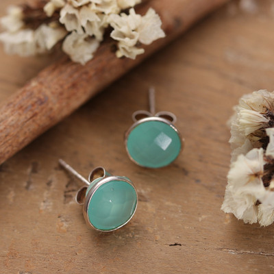 4-Carat Faceted Checkerboard-Shaped Chalcedony Stud Earrings