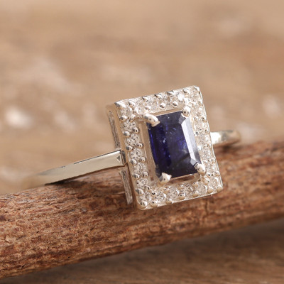 Rectangular Blue Sapphire Pave Cubic Zirconia Silver Ring