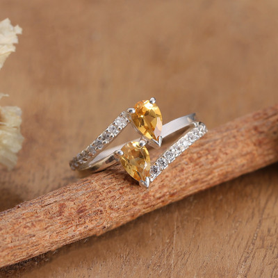 Citrine and Silver Cocktail Ring with Pave Cubic Zirconia