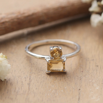 Silver Cocktail Ring with Round and Rectangular Citrine Gems