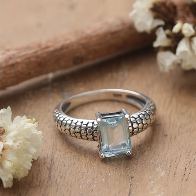 Blue Topaz and Silver Cocktail Ring with Textured Band