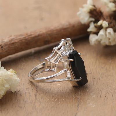 Spiderweb Halloween-Themed Black Onyx Silver Cocktail Ring
