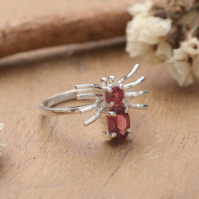 Spider-Shaped Garnet and Sterling Silver Cocktail Ring