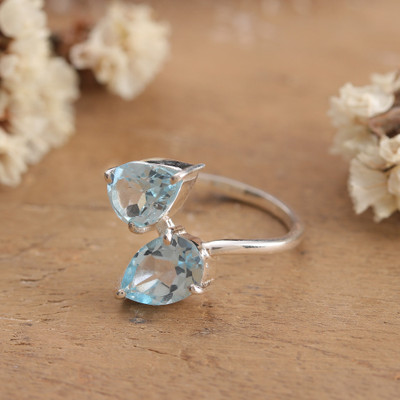 4-Carat Pear-Shaped Blue Topaz Gems and Silver Cocktail Ring
