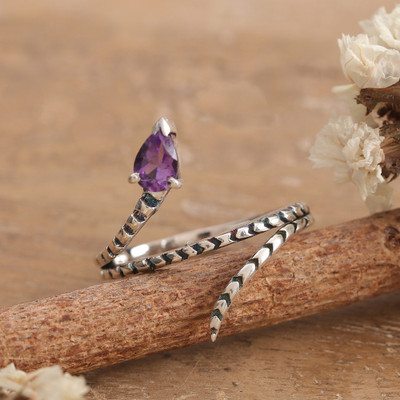 Coiled Snake-Shaped Silver Cocktail Ring with Amethyst Stone