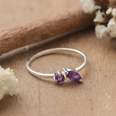 Silver Band Ring with Round and Marquise-Shaped Amethysts