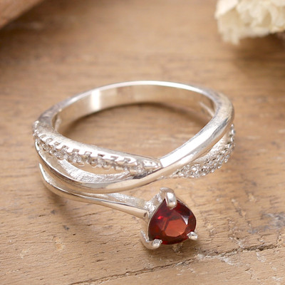Crisscross Garnet Pave Cubic Zirconia Silver Cocktail Ring
