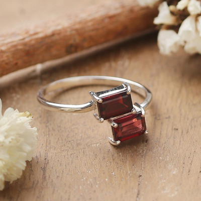 Geometric Silver Cocktail Ring with Rectangular Garnet Gems