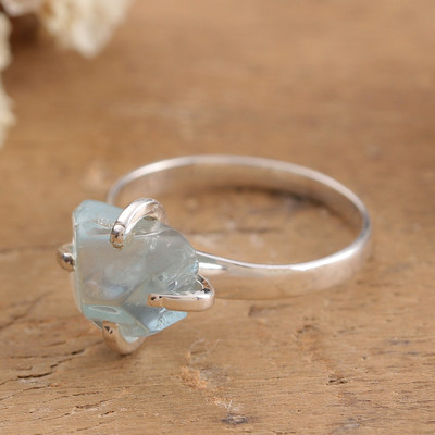 Silver Single Stone Ring with Freeform Aquamarine Gem