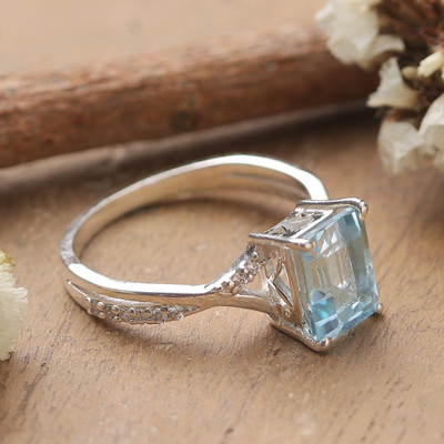 Rectangular Blue Topaz Cubic Zirconia Silver Cocktail Ring