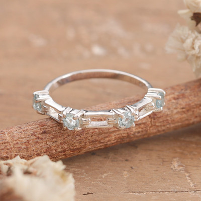 Blue Topaz and Silver Multi-Stone Ring with Openwork Accents