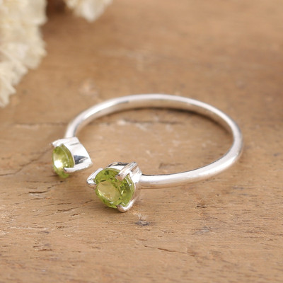 Silver Wrap Ring with Natural Faceted Round Peridot Stones