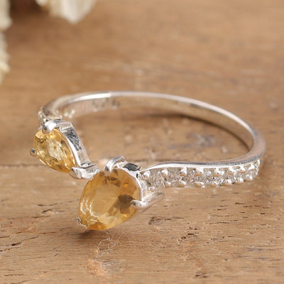 Polished Pear Citrine Sterling Silver Birthstone Pave Ring