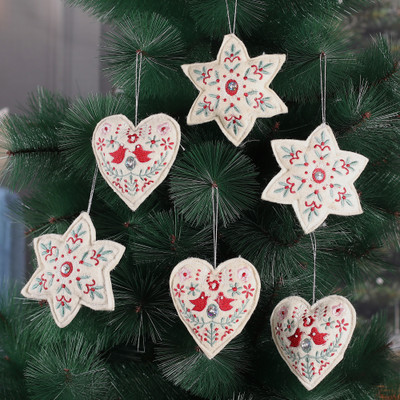 6 Embroidered Heart and Star Wool Felt Christmas Ornaments
