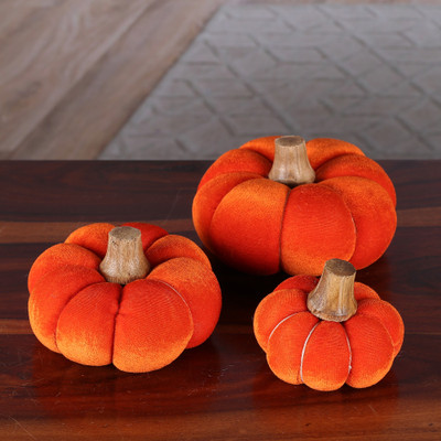 3 Velvet and Wood Halloween Pumpkin Decorative Accents