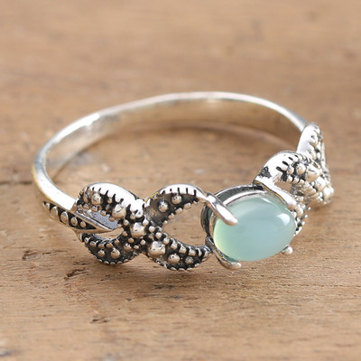Folk Art-Inspired Chalcedony Cabochon Single Stone Ring
