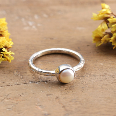 Cultured Pearl Silver Solitaire Ring with Textured Band
