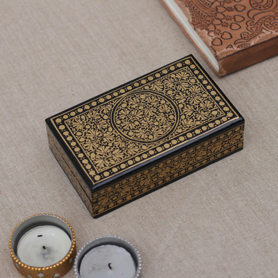 Blue Gold Papier Mache Wood Decorative Box with Floral Theme