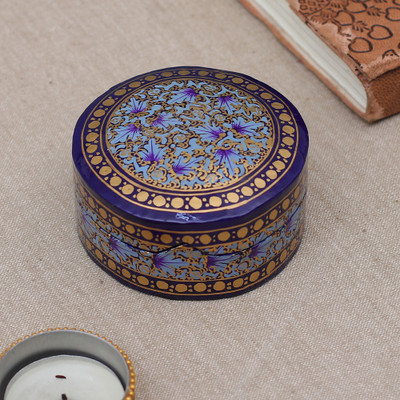 Floral Round Blue Gold-Hued Papier Mache Wood Decorative Box