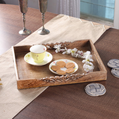 Baroque-Inspired Hand-Carved Mango Wood Tray in a Small Size