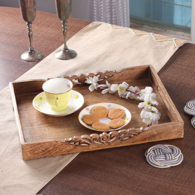 Baroque-Inspired Medium-Sized Hand-Carved Mango Wood Tray