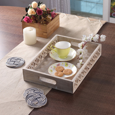 Indian-Made Hand-Carved Trellis-Patterned Mango Wood Tray