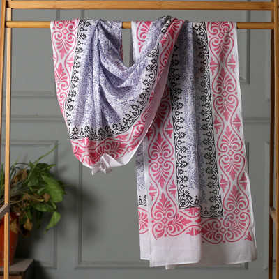 Hand-Block Printed Cotton Sarong with Floral and Leaf Theme