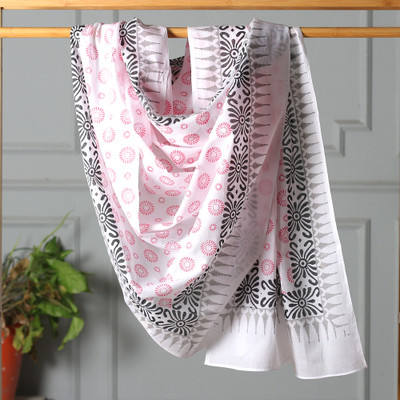 Spring-Themed Hand-Block Printed Deep Rose Cotton Sarong