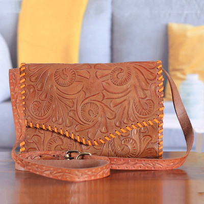Embossed Brown Leather Sling Bag with Stitched Accents