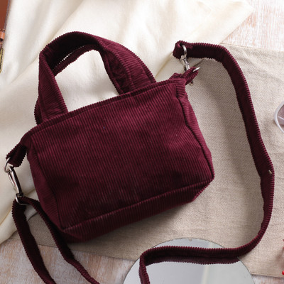 Burgundy Cotton Corduroy Sling Bag with Removable Strap