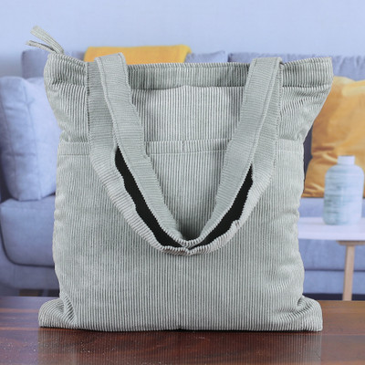 Travel-Friendly Jade Green 100% Cotton Corduroy Tote Bag