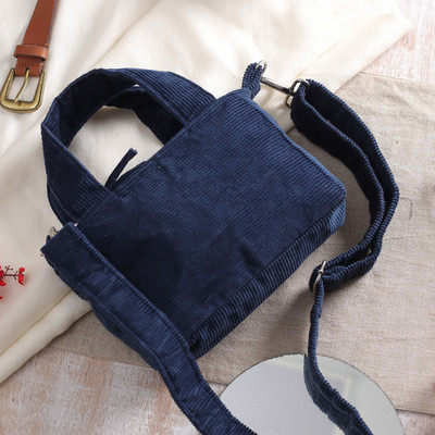 Capri Blue Cotton Corduroy Sling Bag with Removable Strap