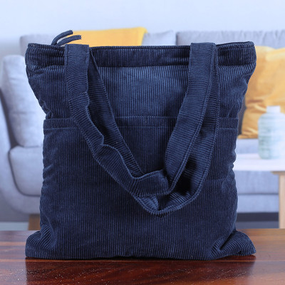 Cotton Corduroy Tote Bag in Blue Hue with Open Front Pockets