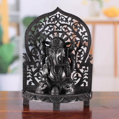 Ebony Wood Sculpture of Hindu God Ganesha with Jali Openwork