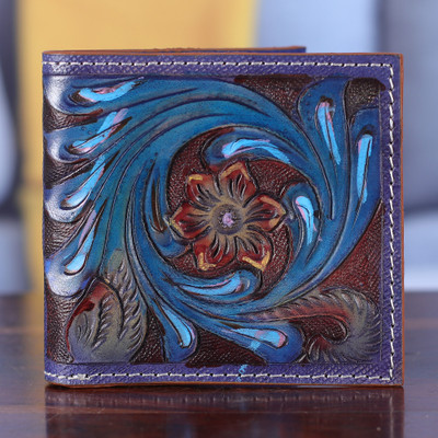Handcrafted Floral Bifold Leather Wallet in Indigo and Teal