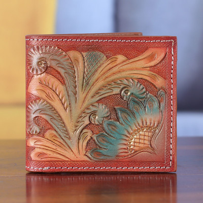 100% Leather Wallet with Hand-Tooled Baroque Floral Motifs