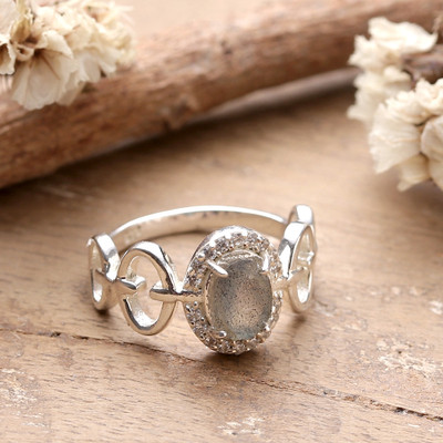 Hoop-Themed Labradorite Cubic Zirconia Silver Cocktail Ring