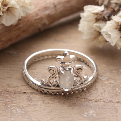 Crown-Themed Rainbow Moonstone Sterling Silver Cocktail Ring
