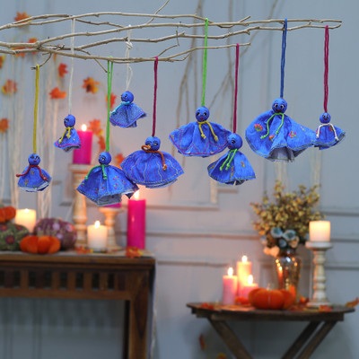 9 Hand-Embroidered Viscose Doll Halloween Ornaments in Blue