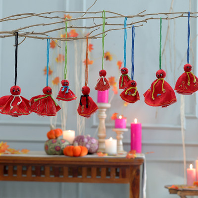 Embroidered Red Viscose Doll Halloween Ornaments (Set of 9)